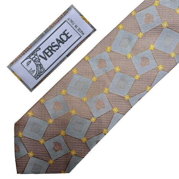 VERSACE 90s Vintage Metallic Silk Medusa Pattern Tie Made in Italy - Picture 1 of 9